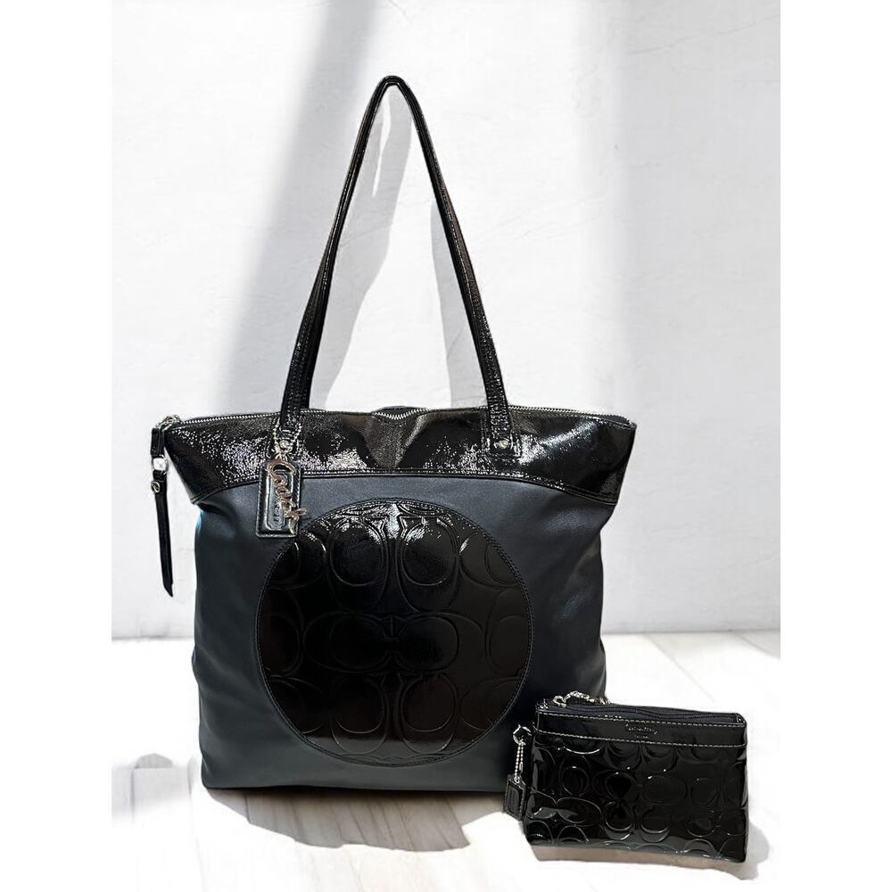 Coach F18336 Laura Signature Embossed Leather Tote Bag & Wristlet